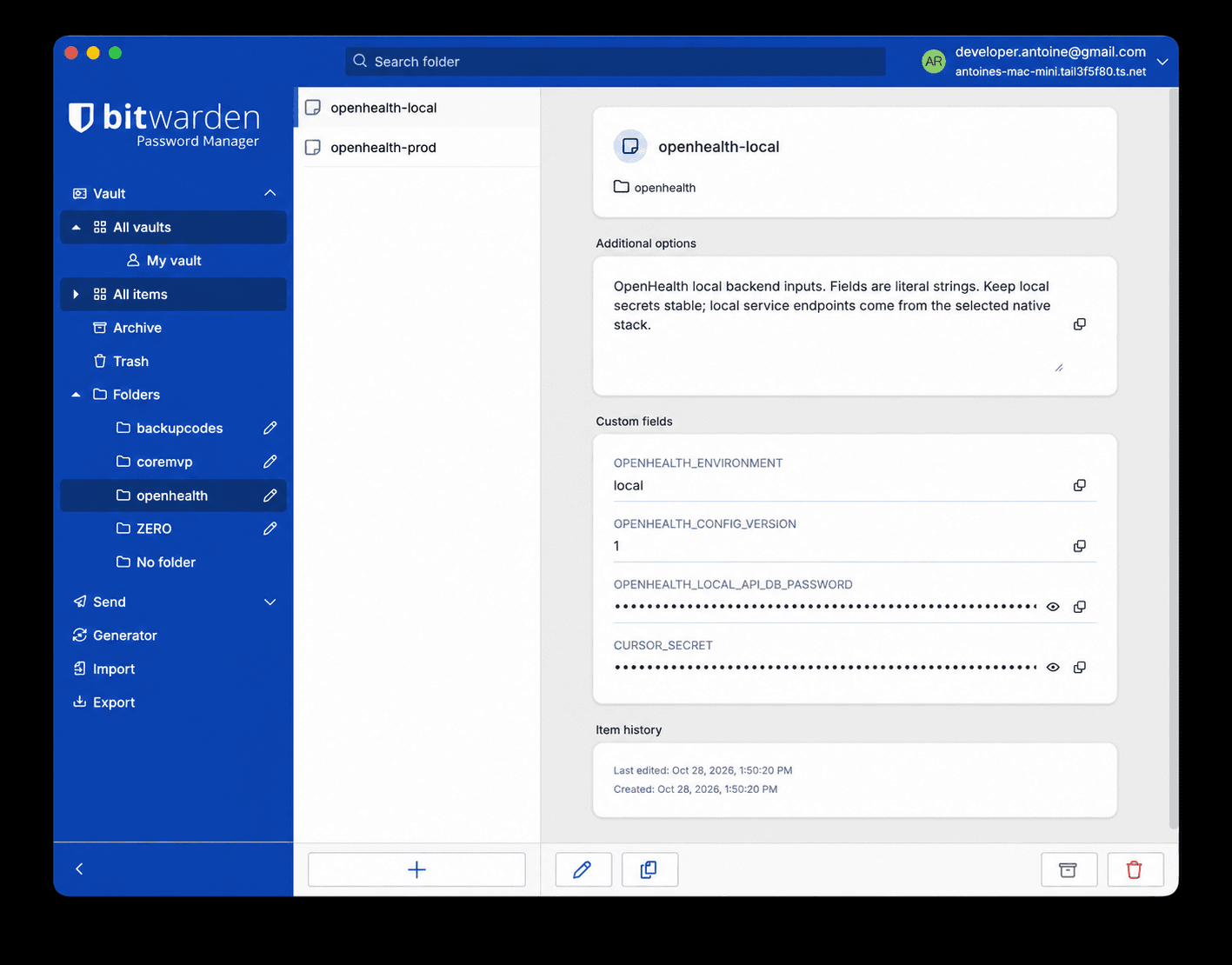 AI-generated illustration based on a vault screenshot, showing project folders and a local secure note with ordinary fields and masked secret fields.