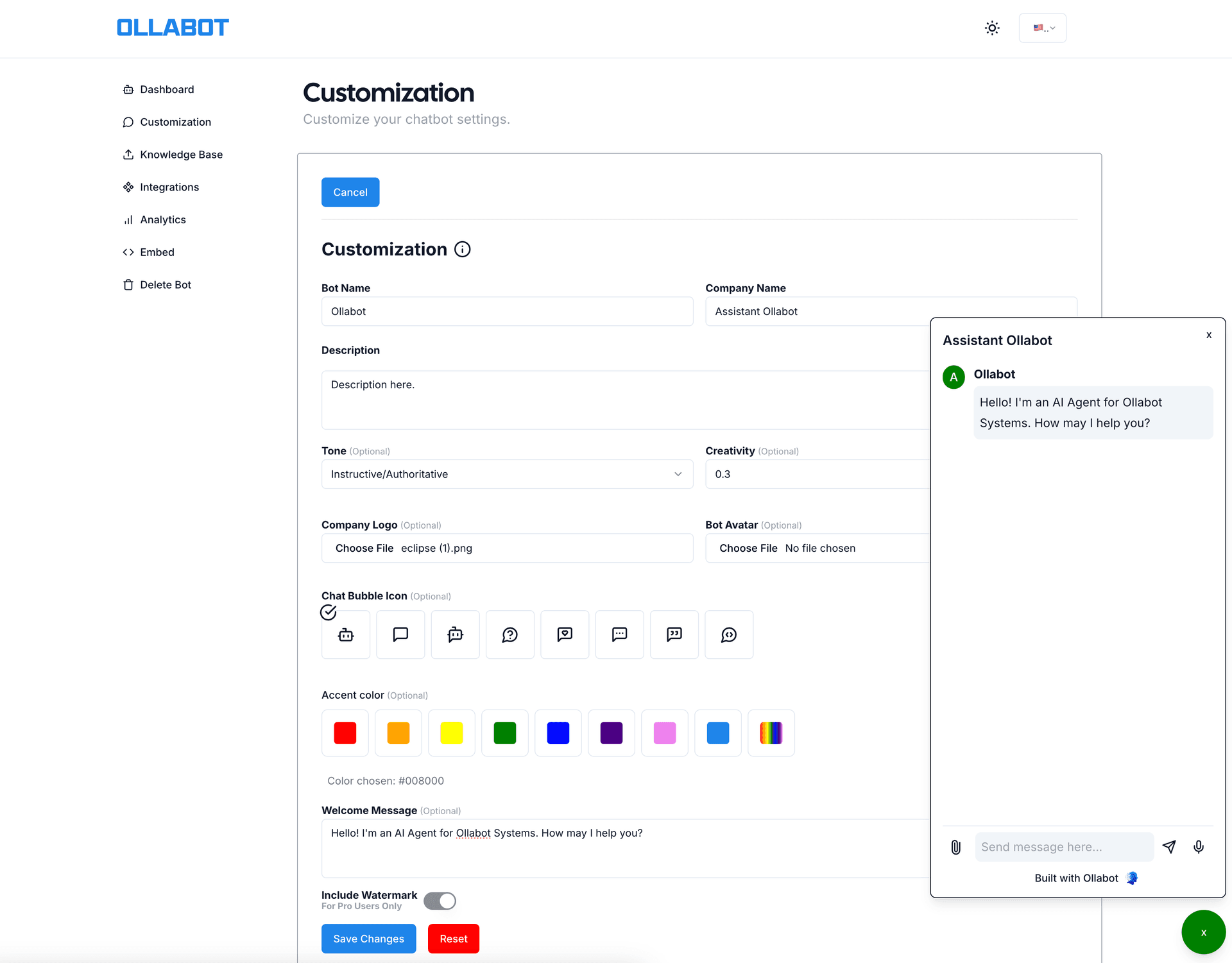 Ollabot chatbot customization dashboard